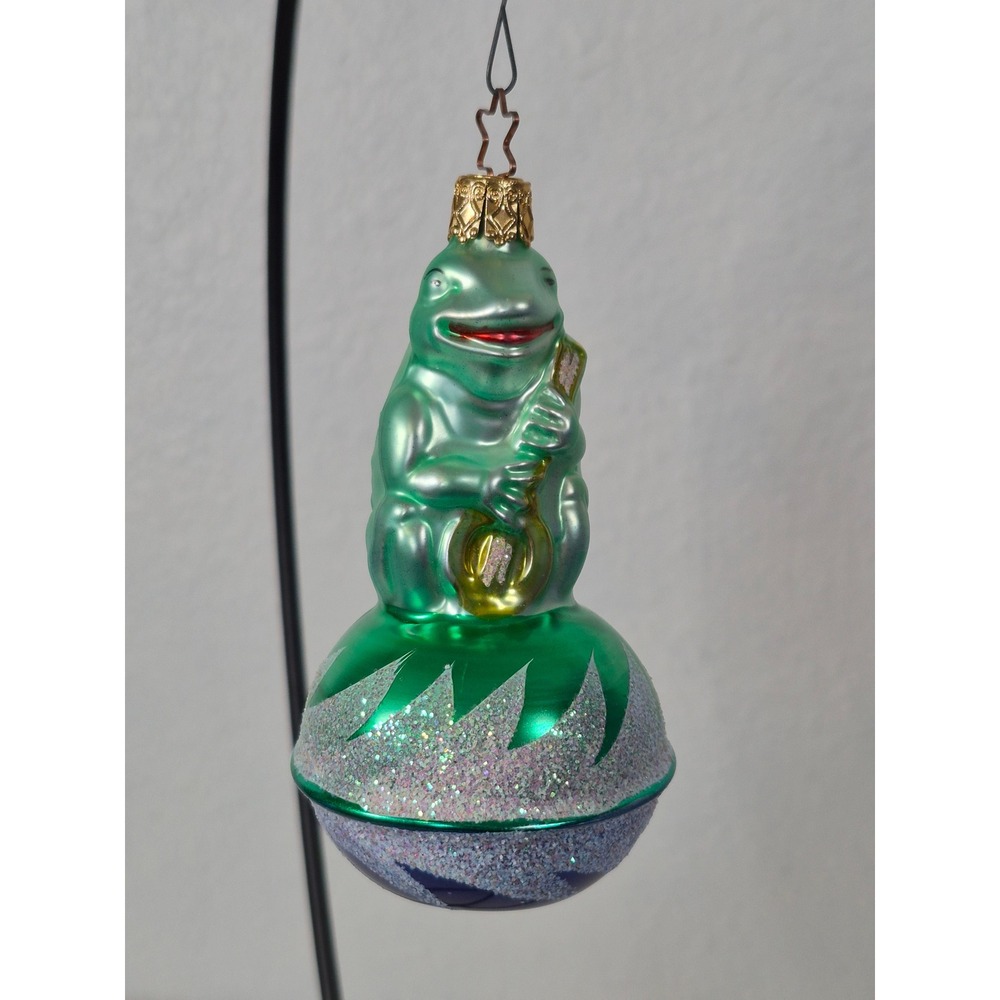 OWC German Blown Glass Frog Playing Banjo Christmas Ornament Green Glitter